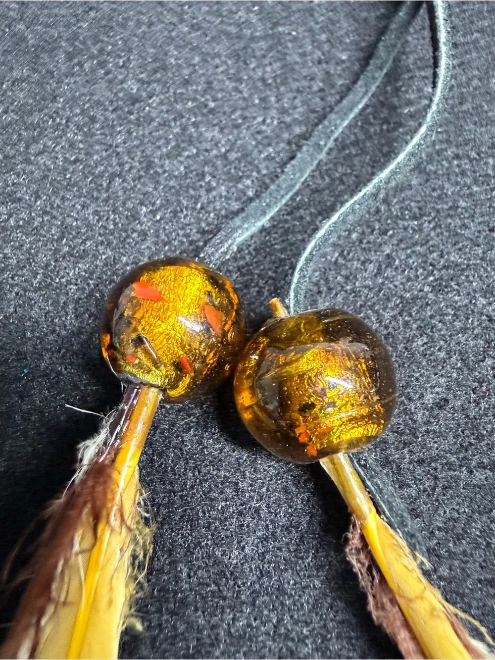 Vintage Italian Amber Look Beaded Leather Cord Lariat Necklace Feather Pendant